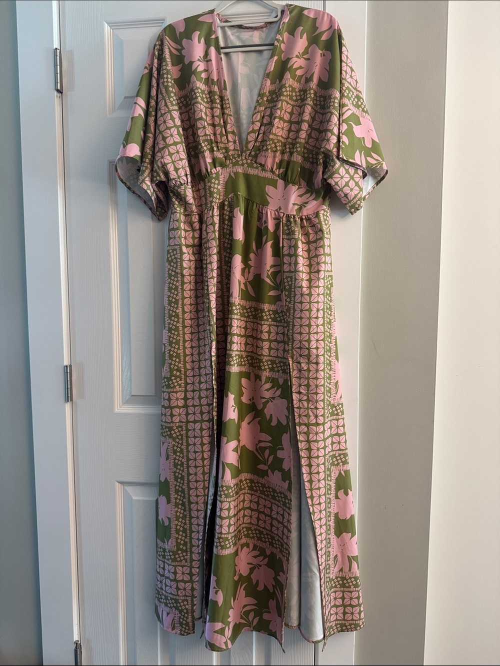 Green & Pink Floral V-Neck Maxi Dress
